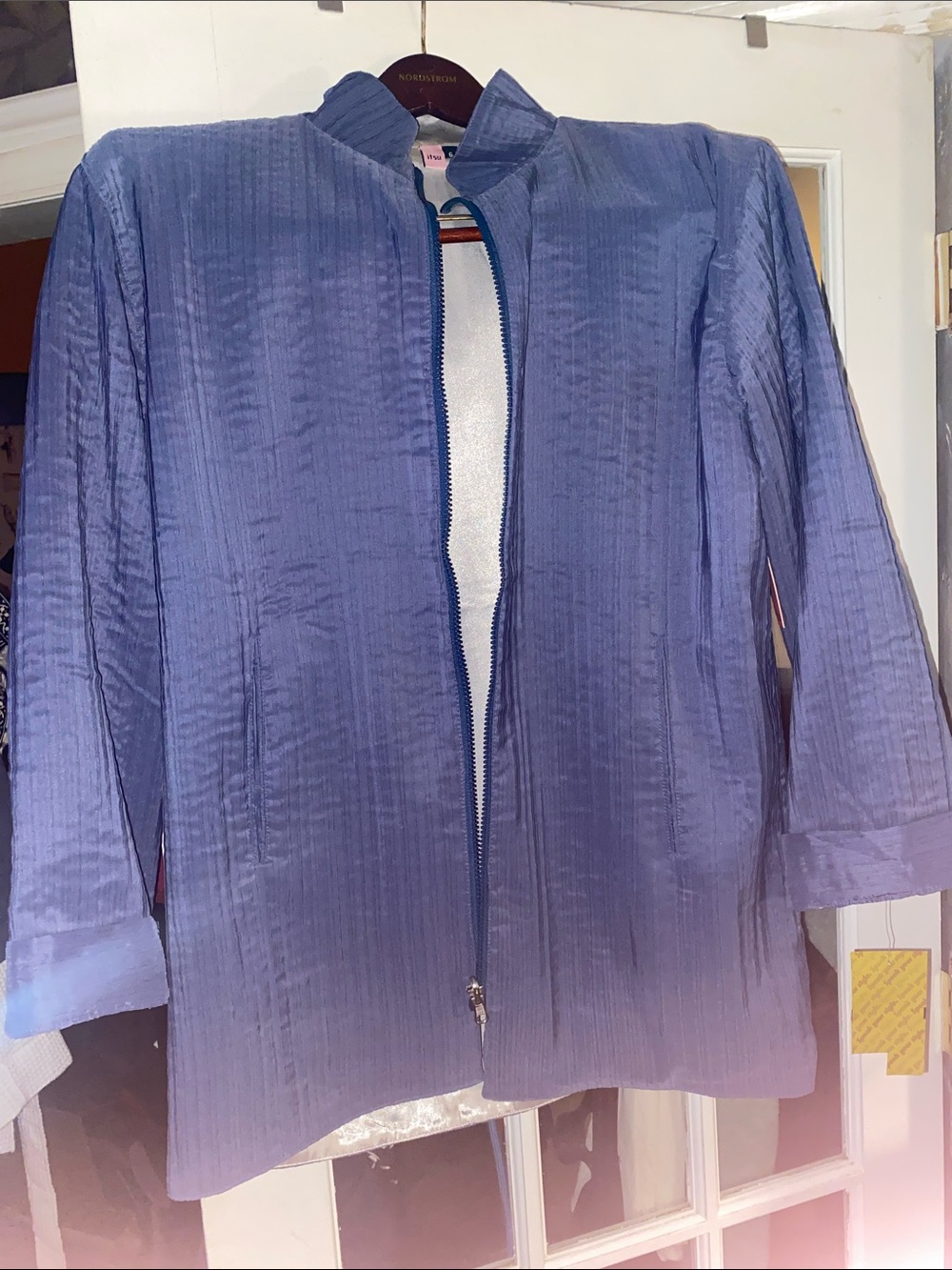 Blue Pleated Stand-Collar Blazer Jacket - Women Reversible
